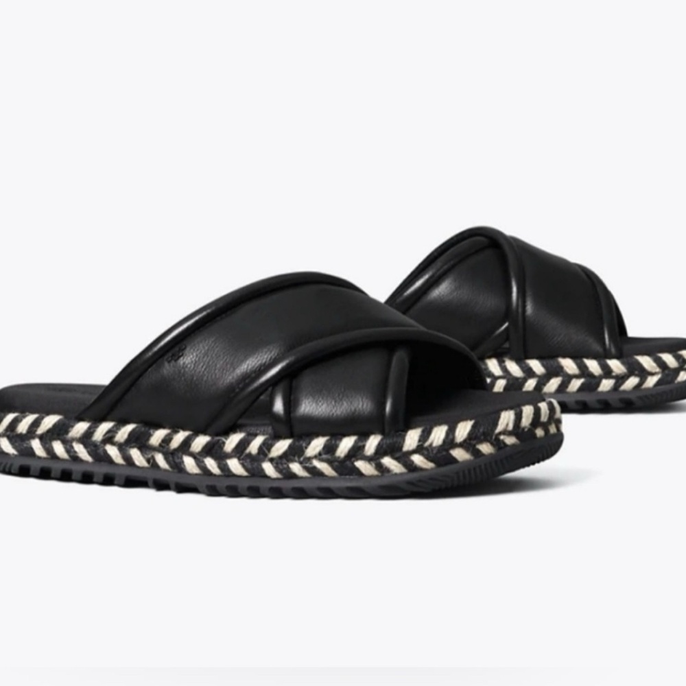 Tory Burch Black Leather Braided Espadrille Slide Sandals